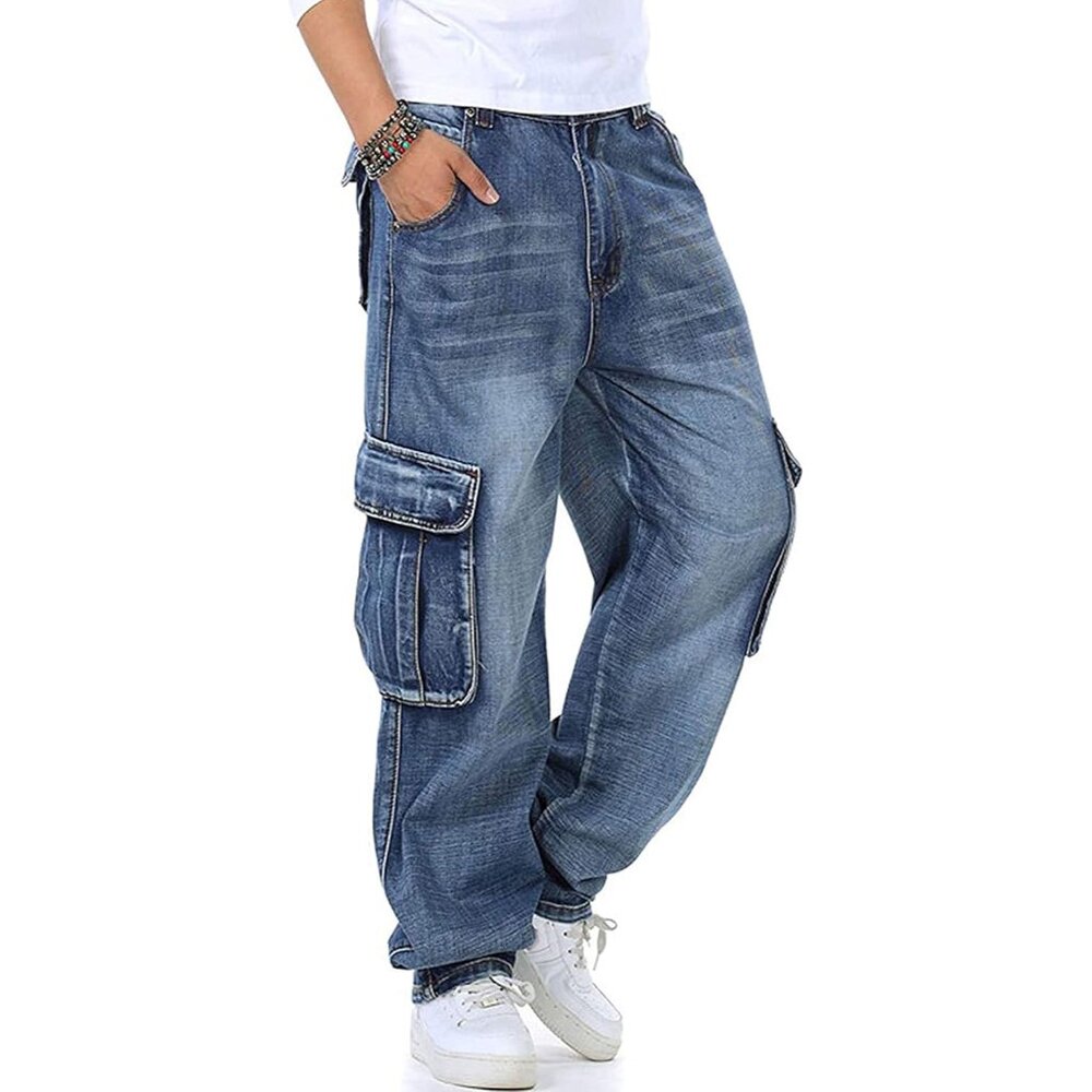 Light Blue Men's Casual Loose Fit Cargo Jeans - Comfortable And Stylish
